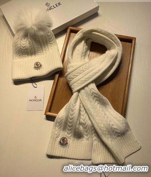 Buy Luxury Moncler Wool Knit Hat and Scarf Set 092373 White 2022