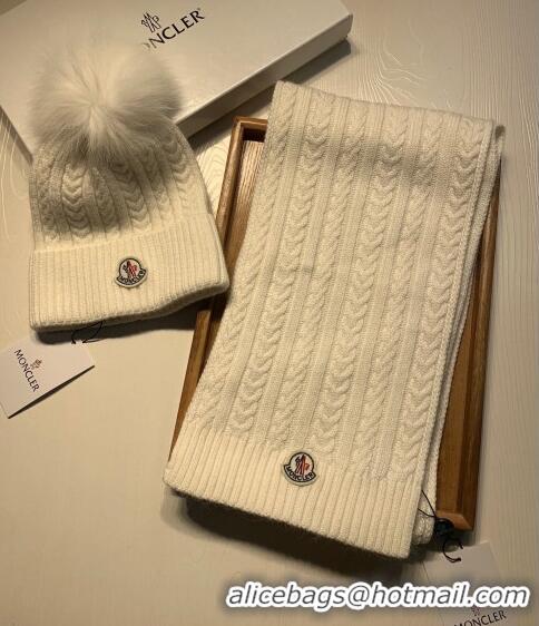 Buy Luxury Moncler Wool Knit Hat and Scarf Set 092373 White 2022