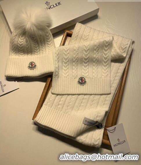 Buy Luxury Moncler Wool Knit Hat and Scarf Set 092373 White 2022