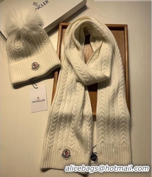 Buy Luxury Moncler Wool Knit Hat and Scarf Set 092373 White 2022