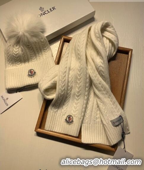 Buy Luxury Moncler Wool Knit Hat and Scarf Set 092373 White 2022