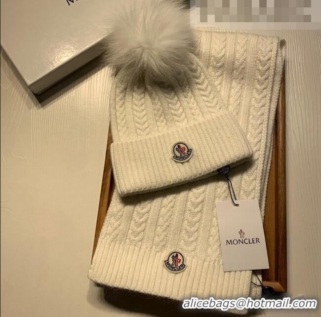 Buy Luxury Moncler Wool Knit Hat and Scarf Set 092373 White 2022