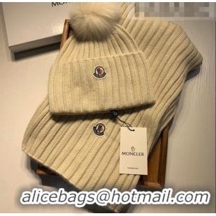 Buy Discount Moncler Wool Knit Hat and Scarf Set 092379 Beige 2022 