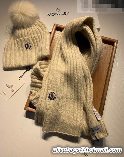 Buy Discount Moncler Wool Knit Hat and Scarf Set 092379 Beige 2022 