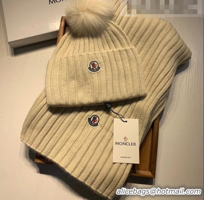 Buy Discount Moncler Wool Knit Hat and Scarf Set 092379 Beige 2022 