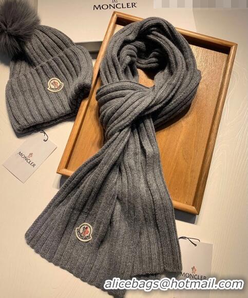 Hot Style Moncler Wool Knit Hat and Scarf Set 092379 Grey 2022