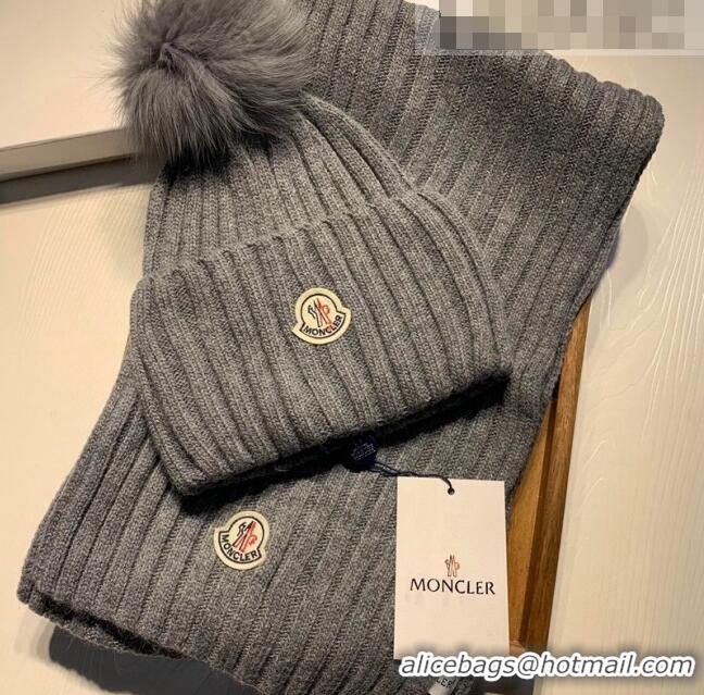 Hot Style Moncler Wool Knit Hat and Scarf Set 092379 Grey 2022