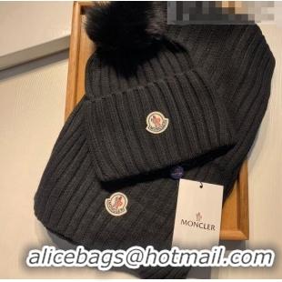 Discount Moncler Wool Knit Hat and Scarf Set 092379 Black 2022