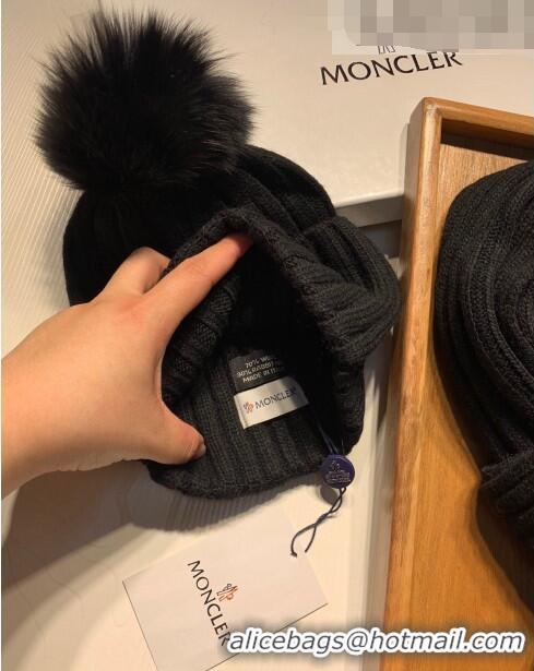 Discount Moncler Wool Knit Hat and Scarf Set 092379 Black 2022