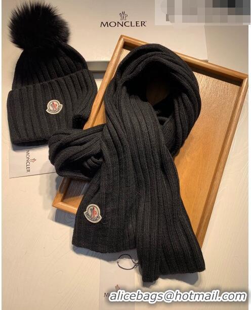 Discount Moncler Wool Knit Hat and Scarf Set 092379 Black 2022