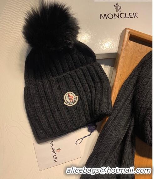 Discount Moncler Wool Knit Hat and Scarf Set 092379 Black 2022