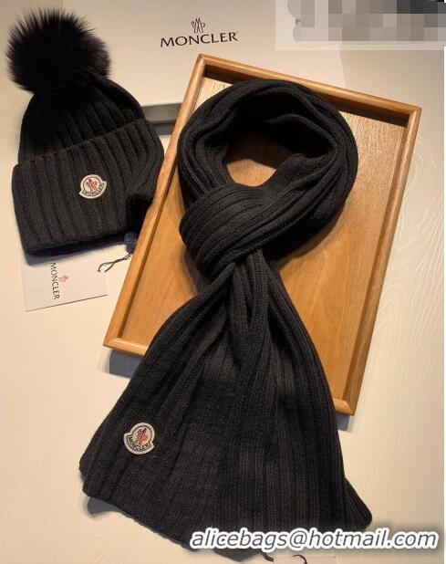 Discount Moncler Wool Knit Hat and Scarf Set 092379 Black 2022