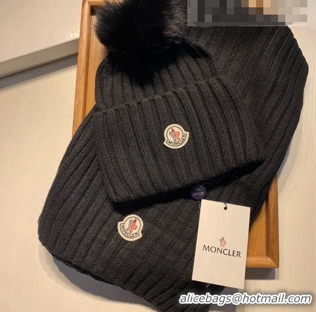 Discount Moncler Wool Knit Hat and Scarf Set 092379 Black 2022