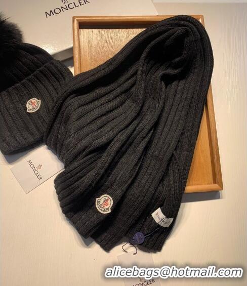 Discount Moncler Wool Knit Hat and Scarf Set 092379 Black 2022