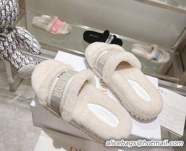 Low Cost Dior Dway Flat Slide Sandals in Embroidered Cotton and Shearling White/Grey 080941