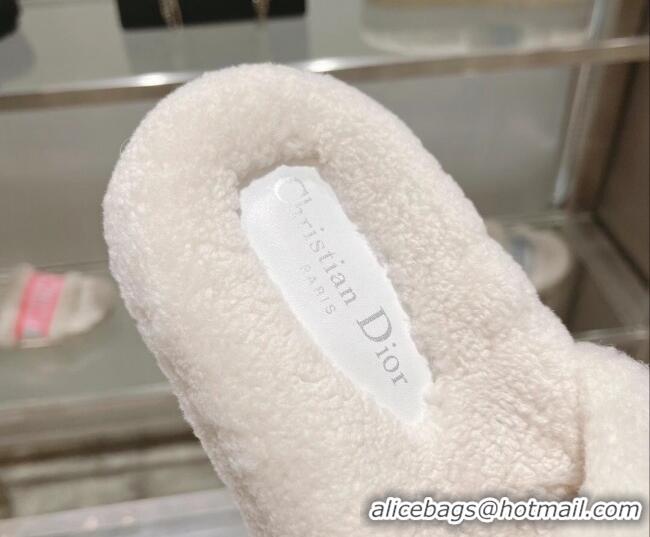 Low Cost Dior Dway Flat Slide Sandals in Embroidered Cotton and Shearling White/Grey 080941