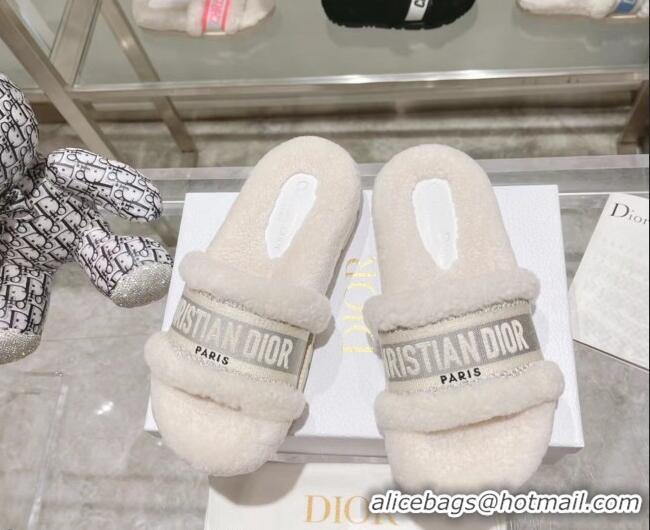 Low Cost Dior Dway Flat Slide Sandals in Embroidered Cotton and Shearling White/Grey 080941