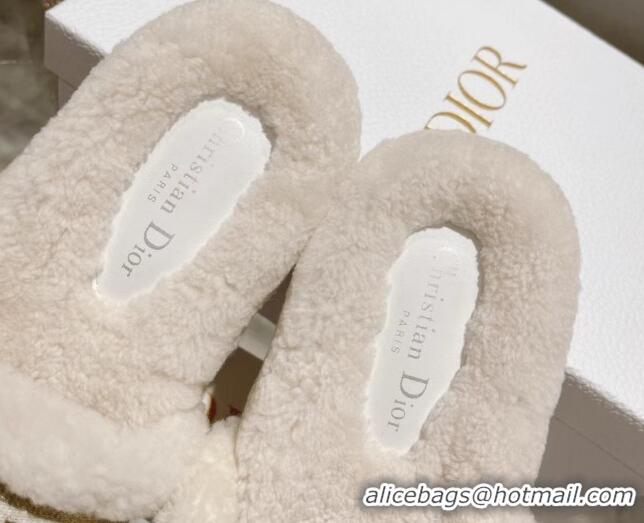 Good Quality Dior Dway Flat Slide Sandals in Embroidered Cotton and Shearling White/Gold 080942