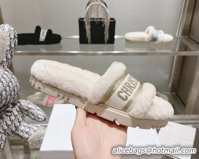 Good Quality Dior Dway Flat Slide Sandals in Embroidered Cotton and Shearling White/Gold 080942