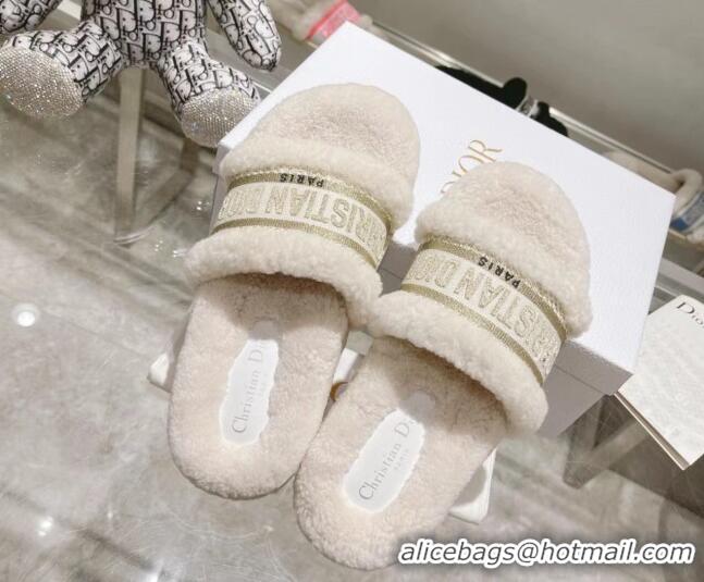 Good Quality Dior Dway Flat Slide Sandals in Embroidered Cotton and Shearling White/Gold 080942