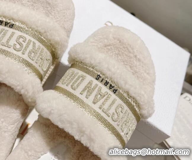 Good Quality Dior Dway Flat Slide Sandals in Embroidered Cotton and Shearling White/Gold 080942