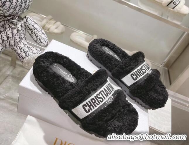 Top Grade Dior Dway Flat Slide Sandals in Embroidered Cotton and Shearling Black/White 080943