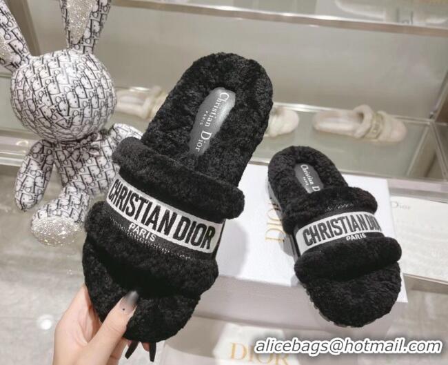 Top Grade Dior Dway Flat Slide Sandals in Embroidered Cotton and Shearling Black/White 080943