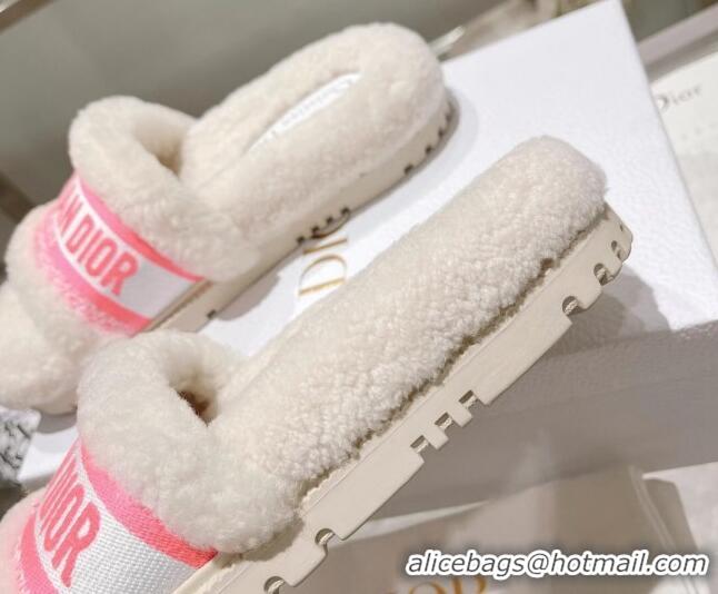 Unique Style Dior Dway Flat Slide Sandals in Embroidered Cotton and Shearling White/Light Pink 080944