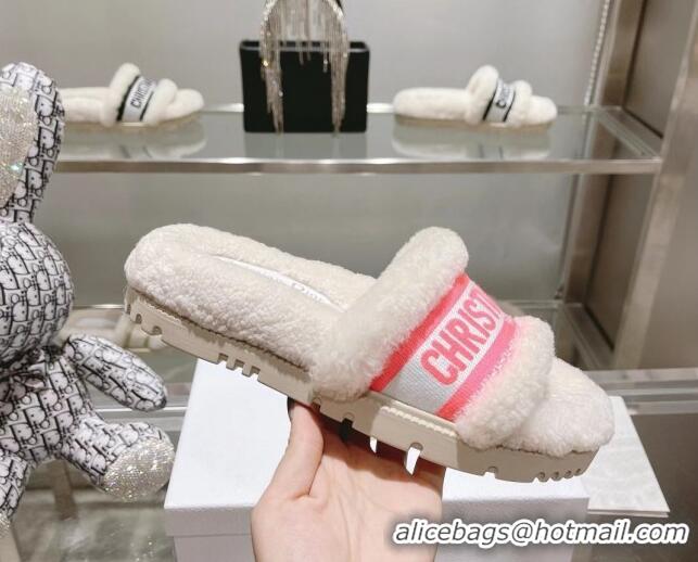 Unique Style Dior Dway Flat Slide Sandals in Embroidered Cotton and Shearling White/Light Pink 080944