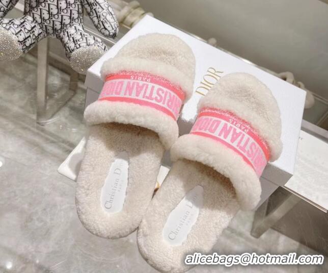 Unique Style Dior Dway Flat Slide Sandals in Embroidered Cotton and Shearling White/Light Pink 080944