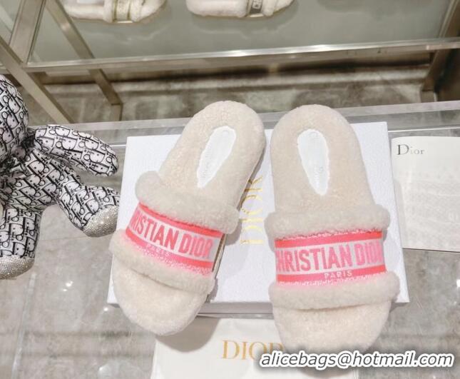 Unique Style Dior Dway Flat Slide Sandals in Embroidered Cotton and Shearling White/Light Pink 080944