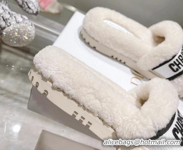 Popular Style Dior Dway Flat Slide Sandals in Embroidered Cotton and Shearling White/Black 080945