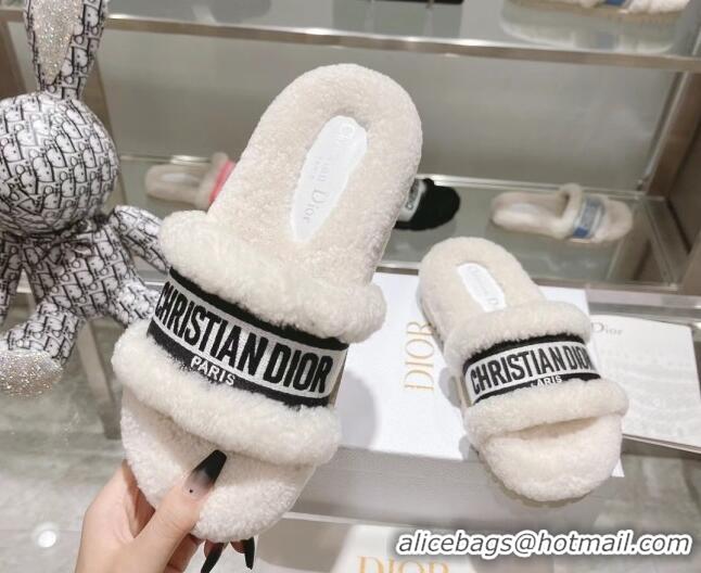 Popular Style Dior Dway Flat Slide Sandals in Embroidered Cotton and Shearling White/Black 080945