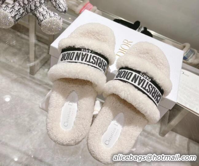 Popular Style Dior Dway Flat Slide Sandals in Embroidered Cotton and Shearling White/Black 080945