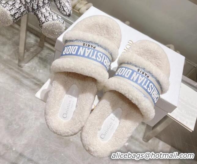 Hot Style Dior Dway Flat Slide Sandals in Embroidered Cotton and Shearling White/Light Blue 080946