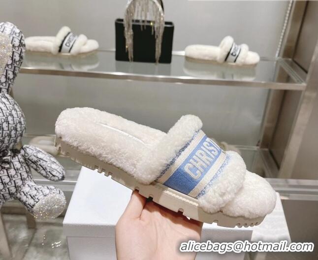 Hot Style Dior Dway Flat Slide Sandals in Embroidered Cotton and Shearling White/Light Blue 080946