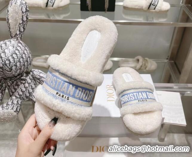 Hot Style Dior Dway Flat Slide Sandals in Embroidered Cotton and Shearling White/Light Blue 080946