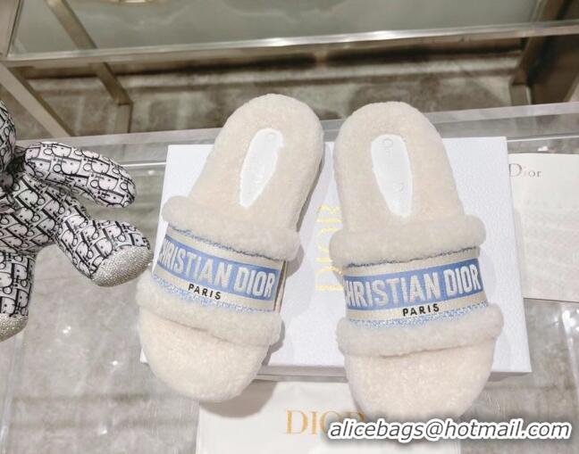 Hot Style Dior Dway Flat Slide Sandals in Embroidered Cotton and Shearling White/Light Blue 080946