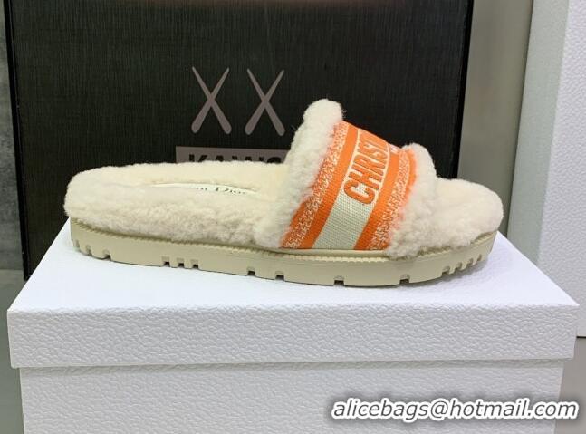 Pretty Style Dior Dway Flat Slide Sandals in Embroidered Cotton and Shearling White/Orange 080947