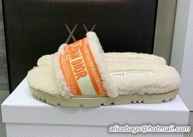 Pretty Style Dior Dway Flat Slide Sandals in Embroidered Cotton and Shearling White/Orange 080947