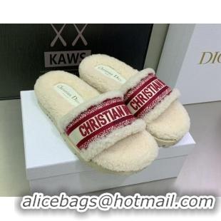 Good Looking Dior Dway Flat Slide Sandals in Embroidered Cotton and Shearling White/Burgundy 080948