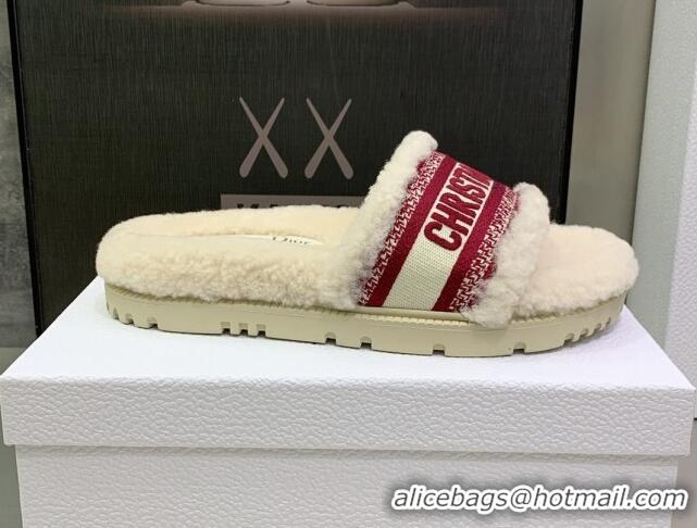 Good Looking Dior Dway Flat Slide Sandals in Embroidered Cotton and Shearling White/Burgundy 080948