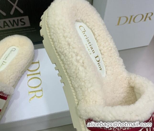 Good Looking Dior Dway Flat Slide Sandals in Embroidered Cotton and Shearling White/Burgundy 080948