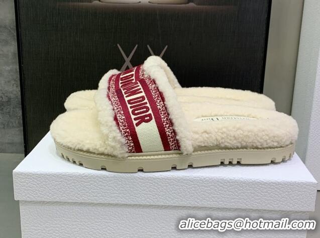 Good Looking Dior Dway Flat Slide Sandals in Embroidered Cotton and Shearling White/Burgundy 080948