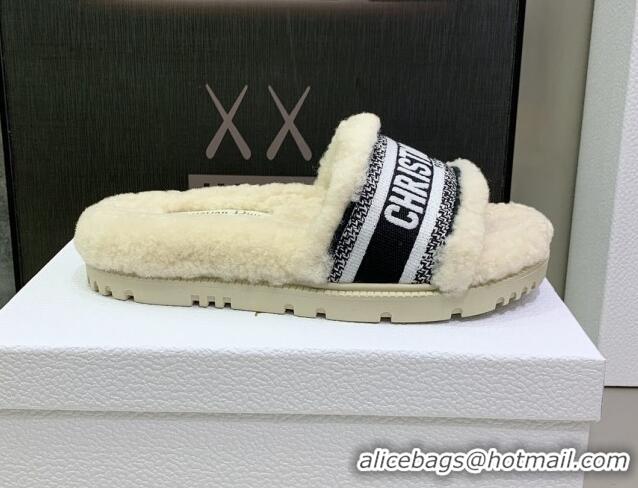 Charming Dior Dway Flat Slide Sandals in Embroidered Cotton and Shearling White/Black 080949