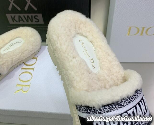 Charming Dior Dway Flat Slide Sandals in Embroidered Cotton and Shearling White/Black 080949