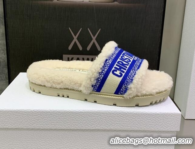 Good Product Dior Dway Flat Slide Sandals in Embroidered Cotton and Shearling White/Sky Blue 080950