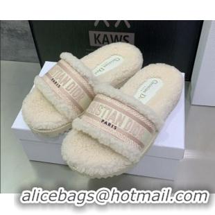 Top Design Dior Dway Flat Slide Sandals in Embroidered Cotton and Shearling White/Pale Pink 080951