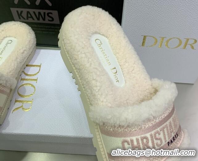 Top Design Dior Dway Flat Slide Sandals in Embroidered Cotton and Shearling White/Pale Pink 080951