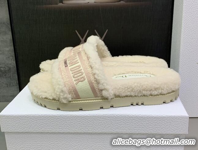 Top Design Dior Dway Flat Slide Sandals in Embroidered Cotton and Shearling White/Pale Pink 080951